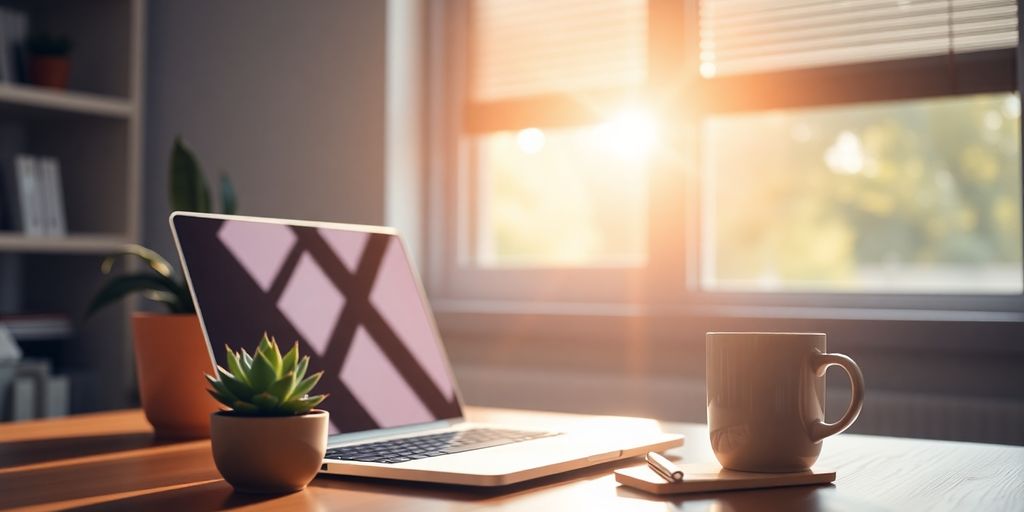 A cozy workspace with a laptop and coffee cup.