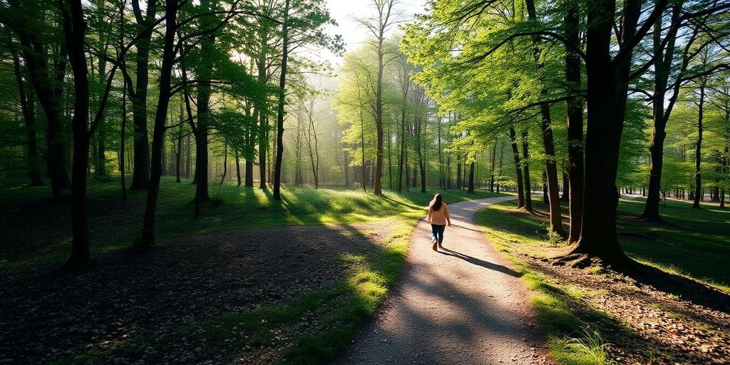 Winding path through a tranquil forest at sunrise.