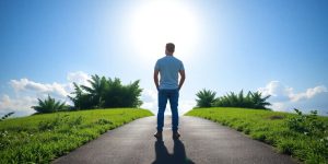 Person at a crossroads contemplating career change.