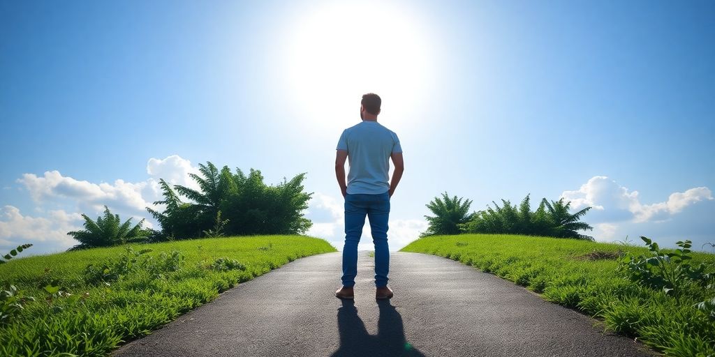 Person at a crossroads contemplating career change.