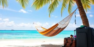 Beach hammock scene with travel essentials nearby.