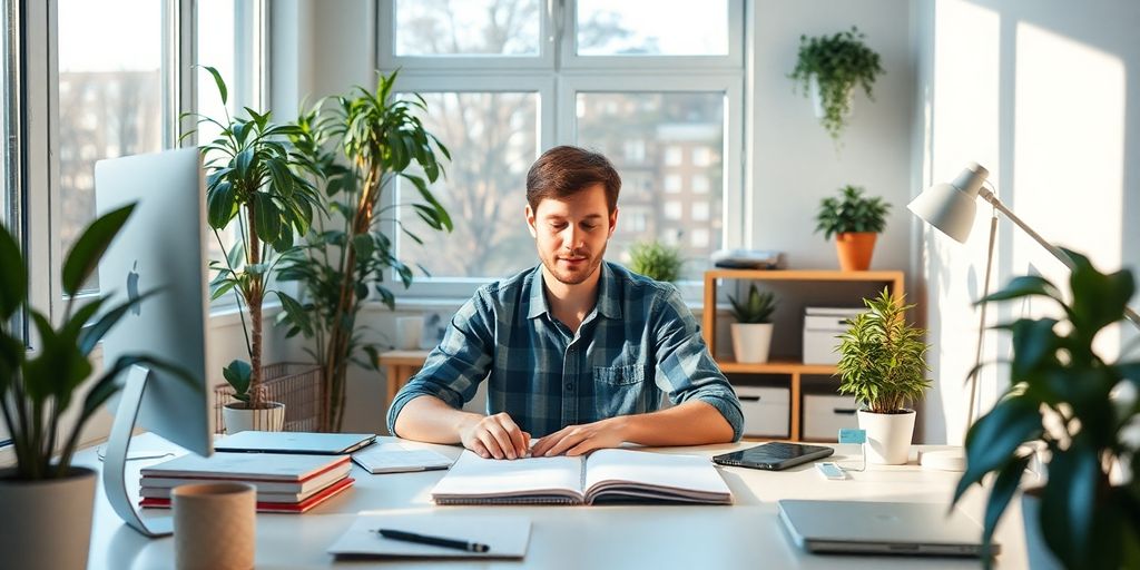 Individual concentrating in a serene, distraction-free workspace.