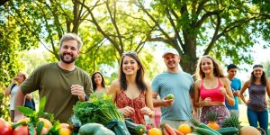 Group of happy people enjoying outdoor activities in nature.